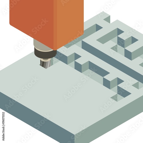 industrial metalworking cutting process by milling cutter. Illustration of Computer Numerical Control (CNC) for a banner in a flat isometric style on a white background