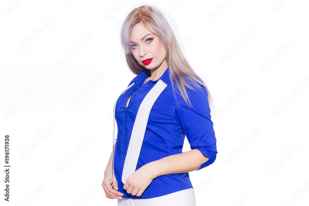 Business portrait of a beautiful young blond woman with long hair. The girl looks at the camera and smiles. Isolated. Copy space Business portrait of a beautiful young blond woman with long hair. The girl looks at the camera and smiles. Isolated. Copy space