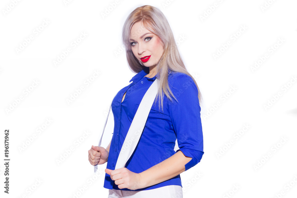 Business portrait of a beautiful young blond woman with long hair. The girl looks at the camera and smiles. Isolated. Copy space