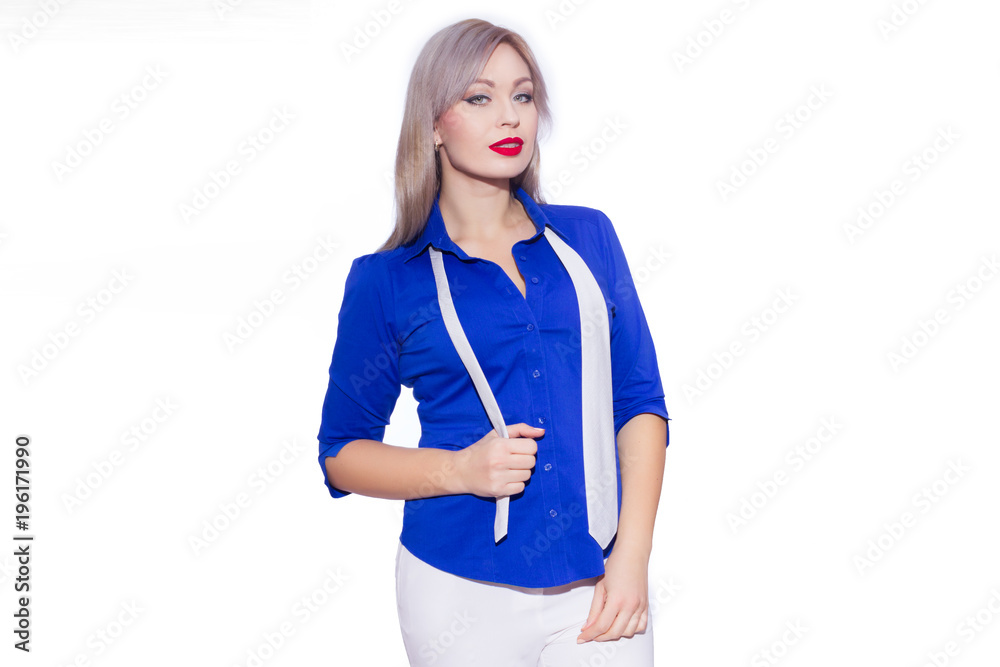 Business portrait of a beautiful young blond woman with long hair. The girl looks at the camera and smiles. Isolated. Copy space Business portrait of a beautiful young blond woman with long hair. The girl looks at the camera and smiles. Isolated. Copy space