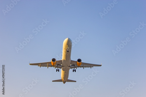Plane taking off in the small airport on Skiathos island, Greece