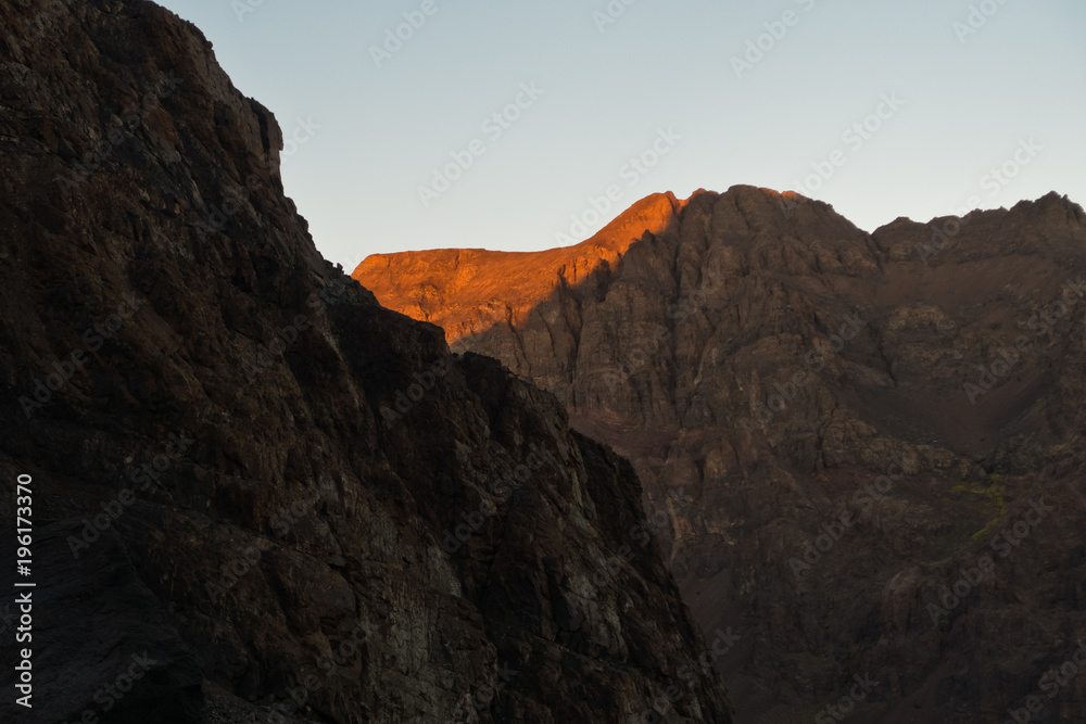 Mountain peaks of High Atlas mountains at surise in Toubkal national park, Morocco, North Africa