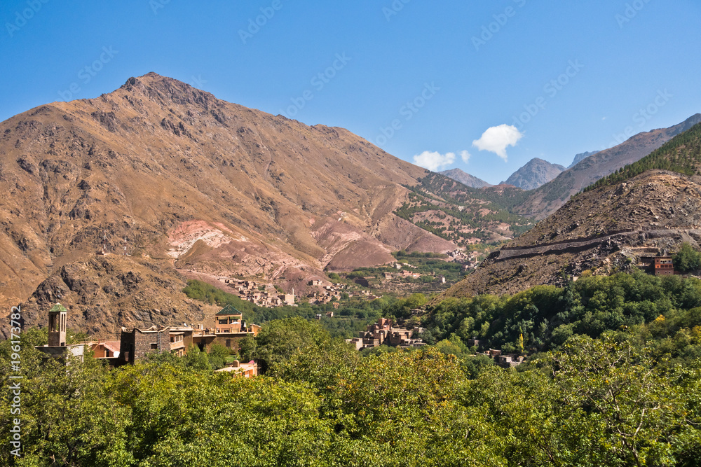 Toubkal national park trek through values and peaks of High Atlas mountains, near Imlil in Morocco, North Africa