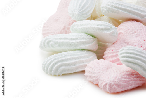 pink and white meringue cake isolated on white background