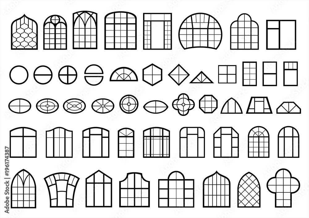 A set of classic and modern Windows. Icons signs symbols silhouettes. Vector graphics