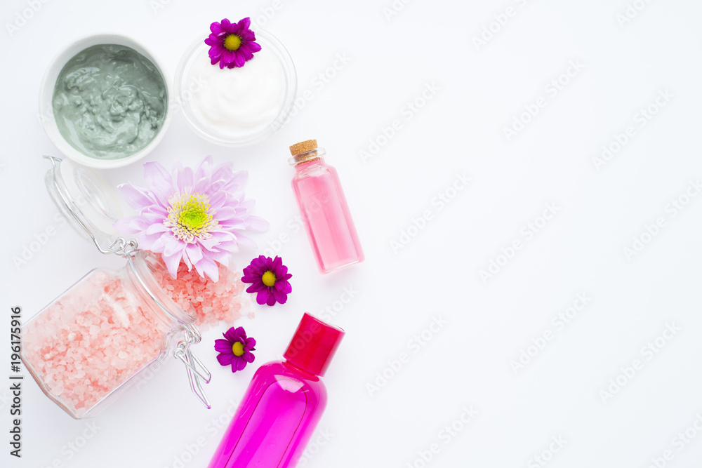 Spa and natural cosmetic concept. Composition of spa treatment for beauty and skincare on the white background. Top view. Close up.