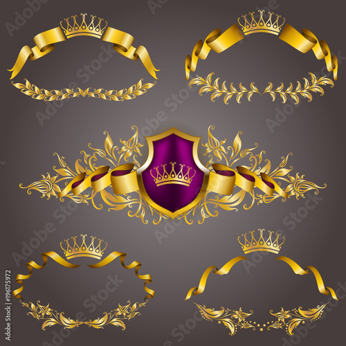 Set of gold vip monograms for graphic design on gray background. Elegant graceful frame, ribbon, filigree border, crown in vintage style for wedding invitations, card, logo, icon. Vector illustration.