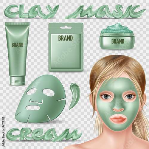 Set of clay mask and scrub. Cosmetic ads elements. Advertising skin care purifying peel-off. 3d vector isolated illustrations set.