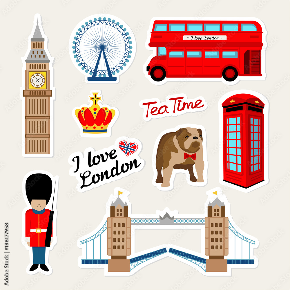 Fashion english patch badges with london bus, telephone, crown, england  bulldog, bridge, guard, london travel and other. Very large set of girlish  and boyish stickers, travel london patches in cartoon Stock Vector |