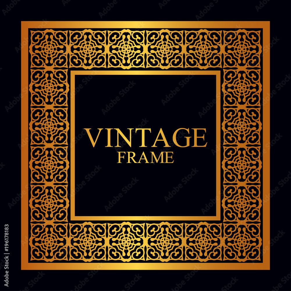 Vintage golden border frame with retro ornamental pattern. Template for design. Vector illustration