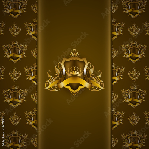 Elegant gold shield with gold crown, filigree decor on ornate background. Luxury floral seamless pattern, monogram, blazon in vintage style for page, site design, vip card. Vector illustration.
