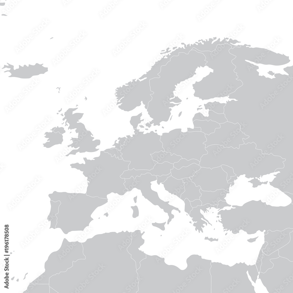 Grey political map of Europe. Europe map illustration. Political Europe map.