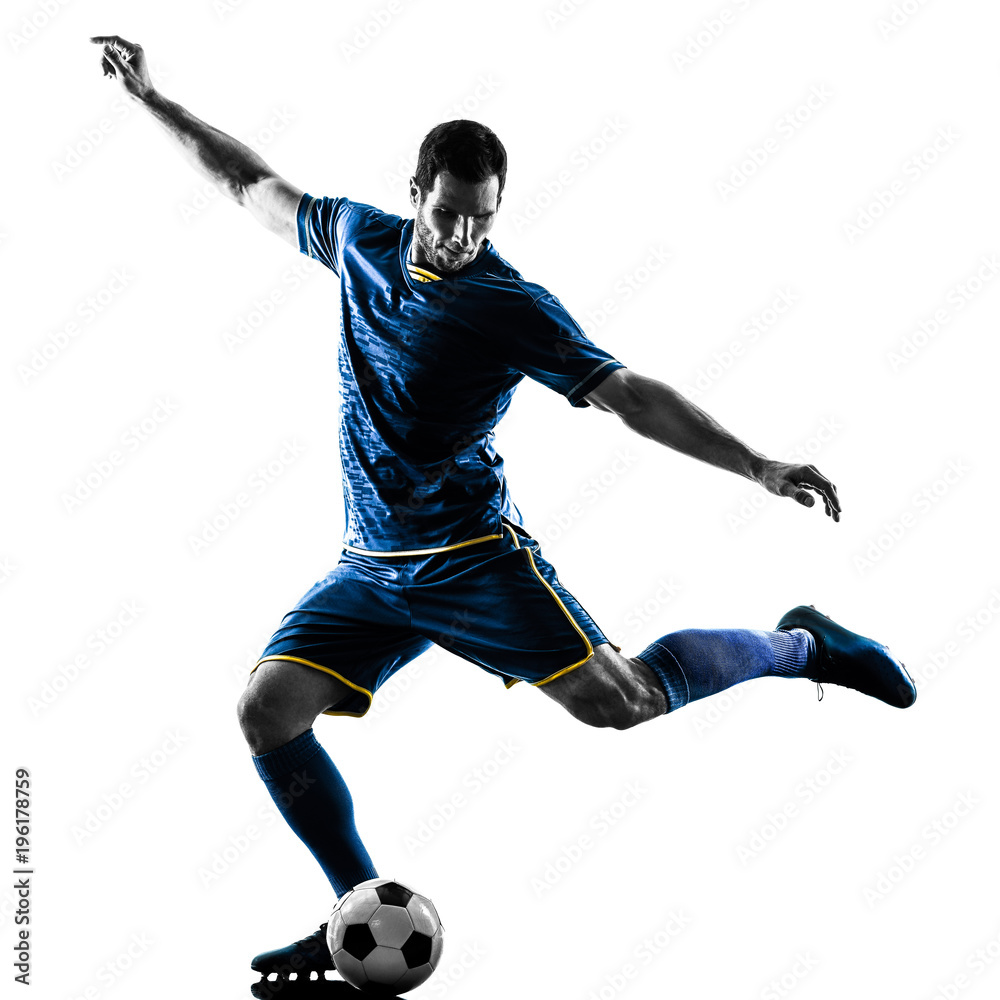 Fototapeta premium one caucasian soccer player man playing kicking in silhouette isolated on white background