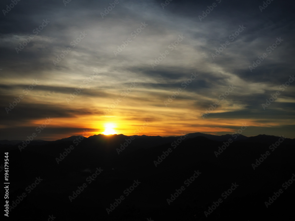 Beautiful Landcape Scenery of Sunset or Sunrise in Mountainous Area.