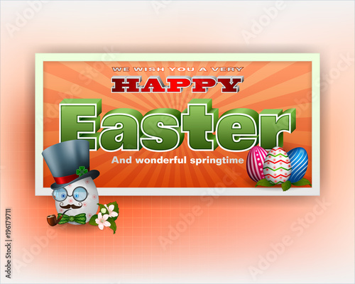 Holiday background design with 3d texts, figurative Easter eggs and apple flowers for Easter celebration; Vector illustration
