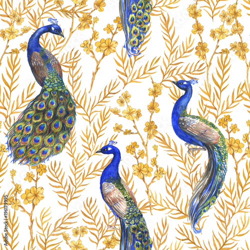 Hand drawn watercolor seamless pattern with Chinese peacocks and golden sakura plants. Chinoserie style.