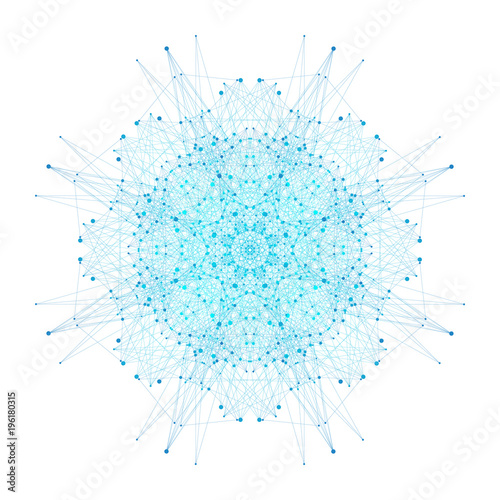 Geometric abstract round form with connected line and dots. Minimalism chaotic illustration background. Linear sign, symbol. Graphic composition for medicine, science, technology, chemistry