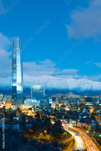 Skyline of  Financial district in Providencia with Los Andes Mountains in the back, Santiago de Chile