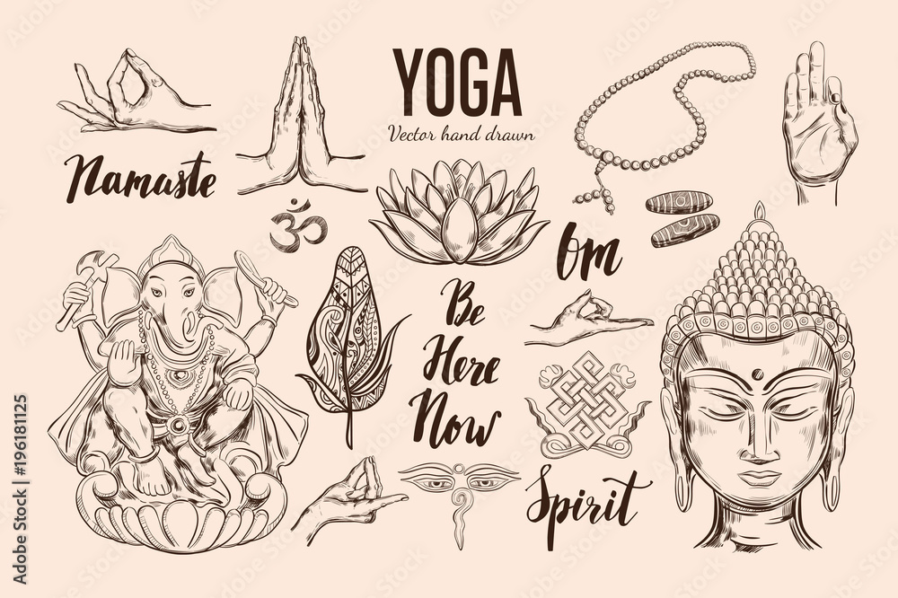set. Vector Isolated hand drawn objects. Spiritual Symbols of Buddhism, Hinduism. Tattoo design , yoga logo, boho print, poster. Inspirational calligraphy, Vector | Adobe Stock