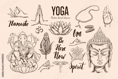 Yoga set. Vector Isolated hand drawn objects. Spiritual Symbols of Buddhism, Hinduism. Tattoo design , yoga logo, boho print, poster. Inspirational calligraphy, lettering