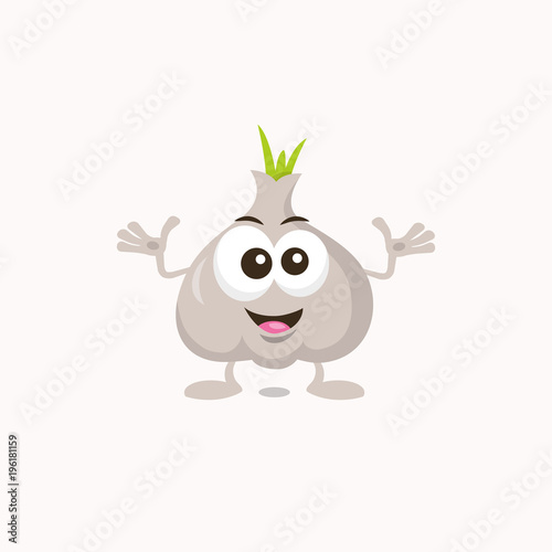 Illustration of cute decisive garlic mascot isolated on light background. Flat design style for your mascot branding.