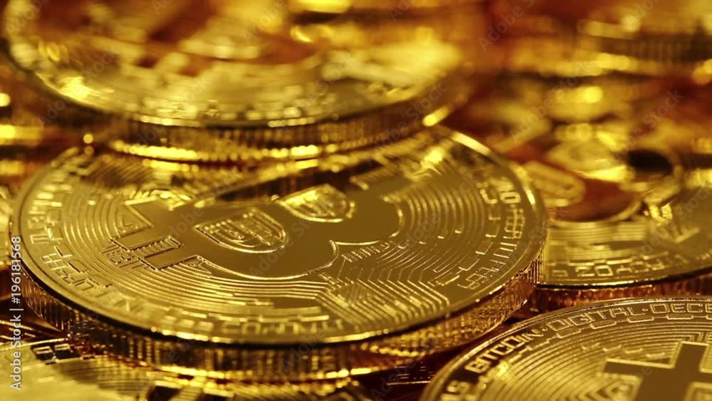 Crypto currency Gold Bitcoin, BTC, Bit Coin. Macro shot of Bitcoins. Blockchain technology, bitcoin mining concept