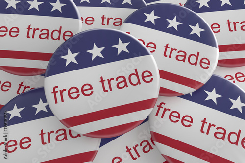 USA Politics News Badges: Pile of Free Trade Buttons With US Flag, 3d illustration