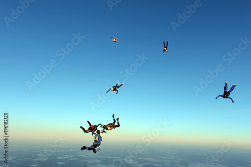 Formation skydiving in the sky.