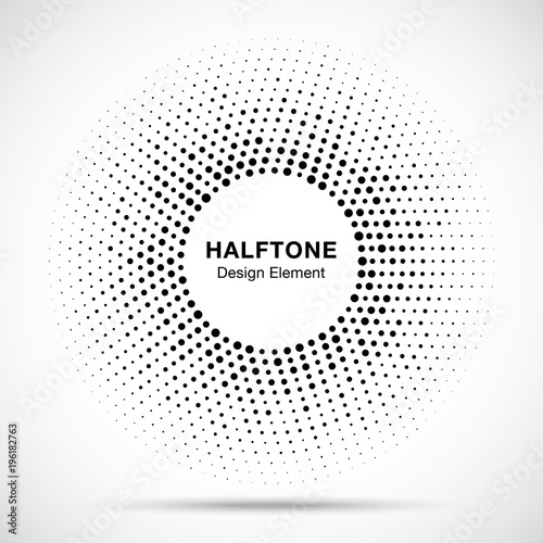 Black abstract vector circle frame halftone random dots logo emblem design element for technology, medical, treatment, cosmetic. Round border Icon using halftone circle dots raster texture. Vector