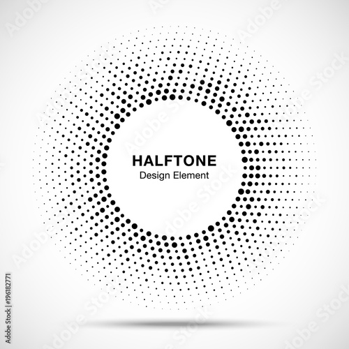 Black abstract vector circle frame halftone random dots logo emblem design element for technology, medical, treatment, cosmetic. Round border Icon using halftone circle dots raster texture. Vector