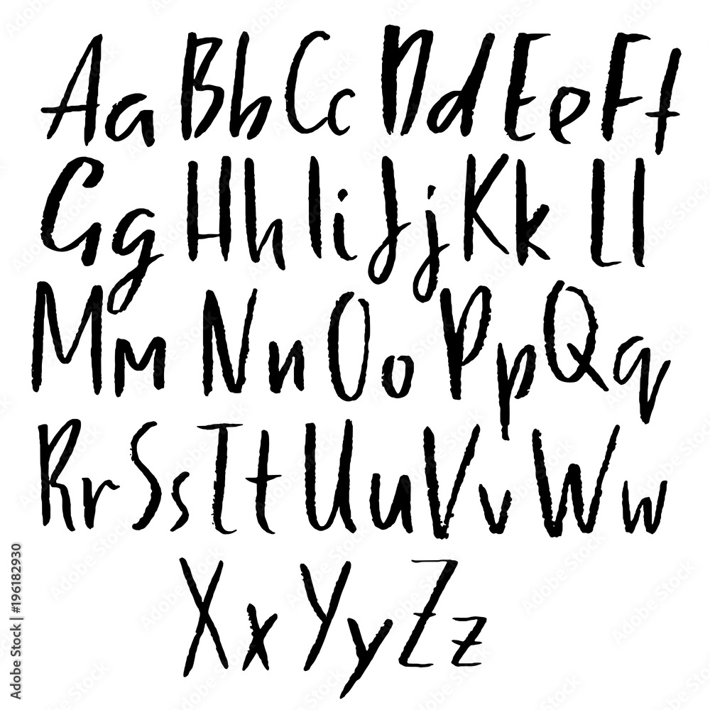 Handdrawn dry brush font. Modern brush lettering. Grunge style alphabet. Vector illustration.
