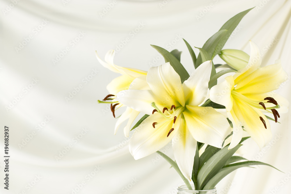 Beautiful lily white yellow on white fabric