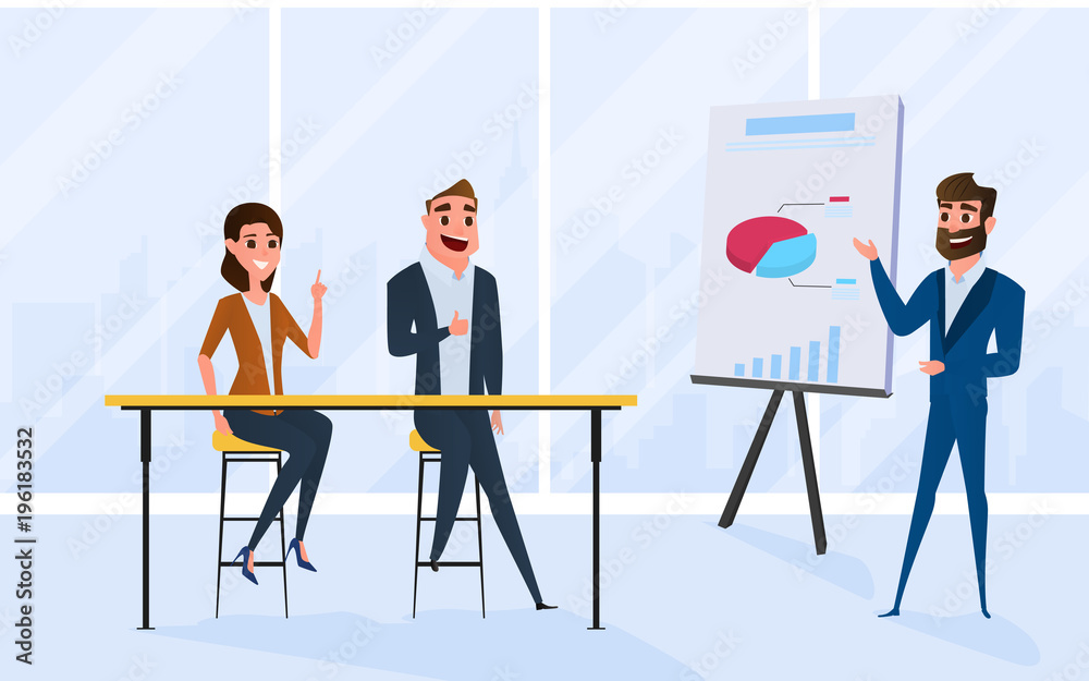 Fototapeta premium Business team brainstorm, talking, discussing in meeting room. Presentation of the project and plan market.