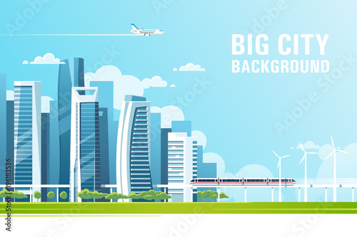 Urban landscape with modern skyscrapers and subway. Vector illustration.
