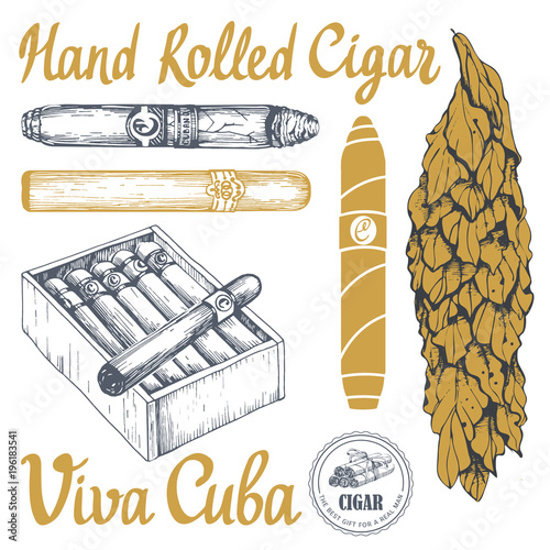 Vector illustration with classical smoking set. Bunch of tobacco box, hand rolled cigars, leaf in sketch style. Best cuban quality.