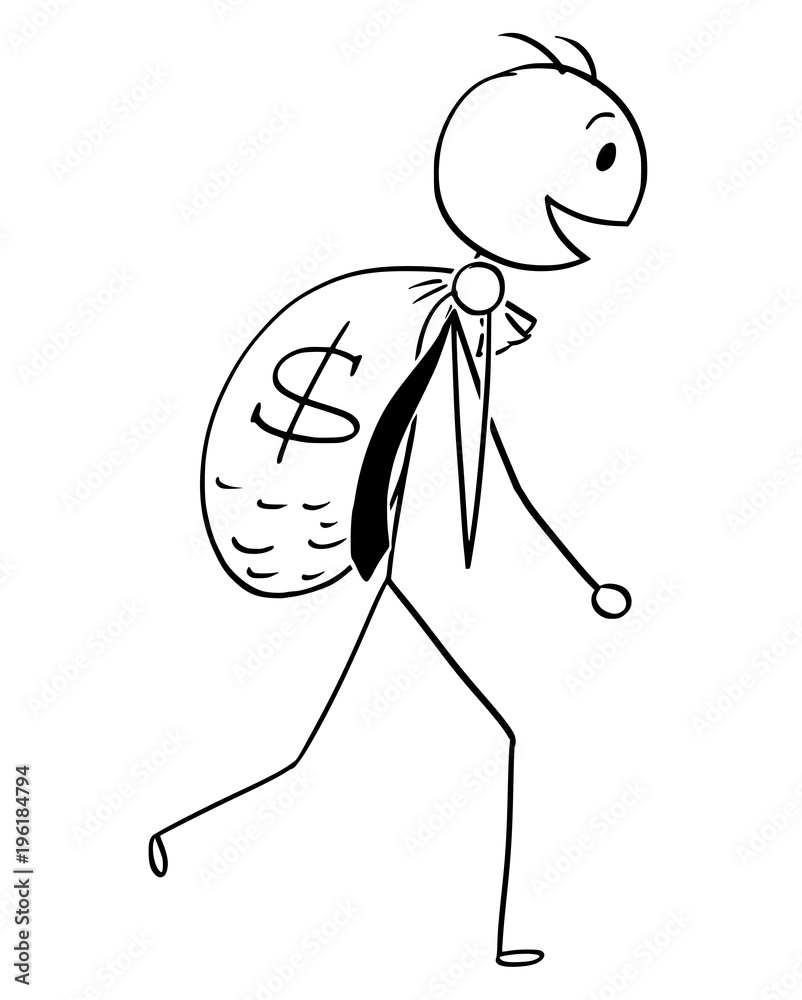 Cartoon stick man drawing conceptual illustration of businessman carry  large bag of dollar money. Business concept of success and richness. Stock  Vector | Adobe Stock