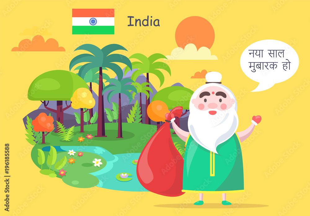 Fototapeta premium Indian Santa Claus Greets with Happy New Year