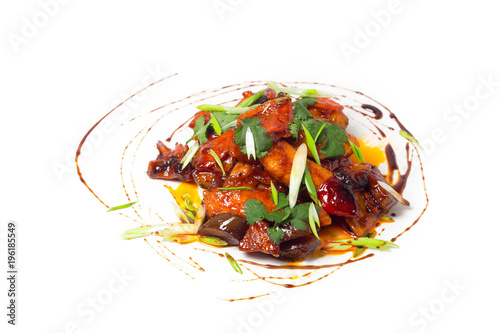 Fillet chicken with colored paprika,prunes,almonds.Hod salad.Hot dish. photo