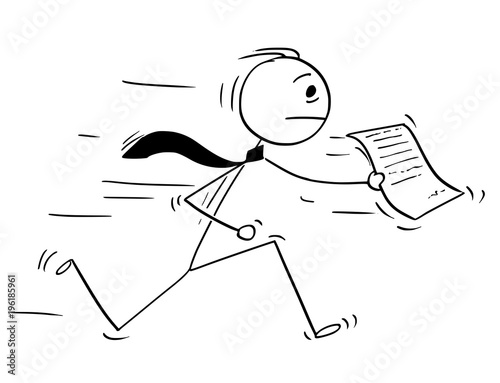 Cartoon stick man drawing conceptual illustration of businessman running with document or piece of paper.