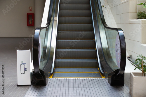 Modern escalator in shopping mall, Department store escalator