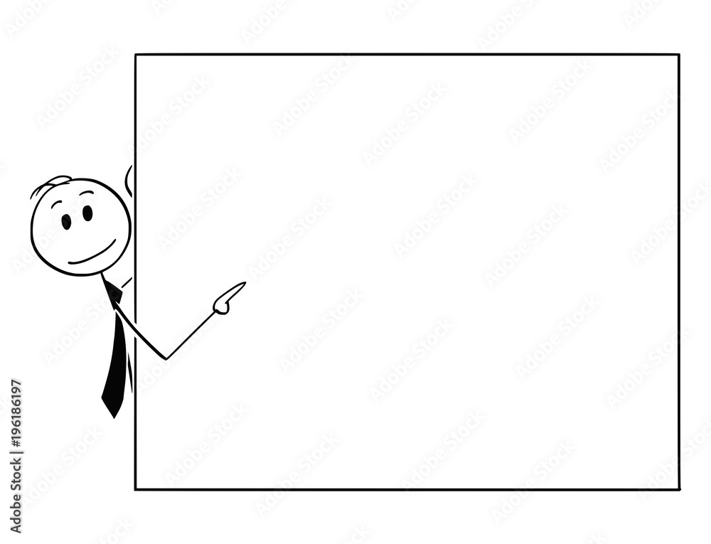 Cartoon stick man drawing conceptual illustration of businessman peeping from behind of empty sign and pointing. Usable as empty sign. Cartoon stick man drawing conceptual illustration of businessman peeping from behind of empty sign and pointing. Usable as empty sign.