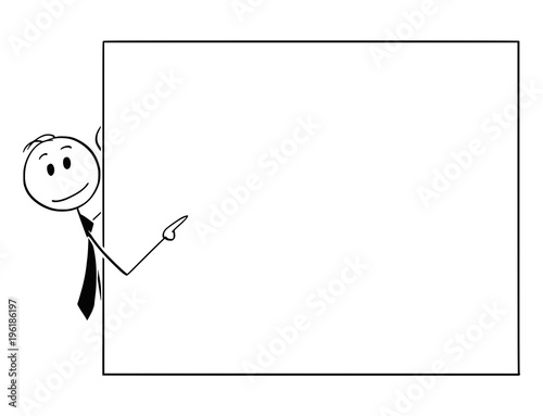 Cartoon stick man drawing conceptual illustration of businessman peeping from behind of empty sign and pointing. Usable as empty sign.
