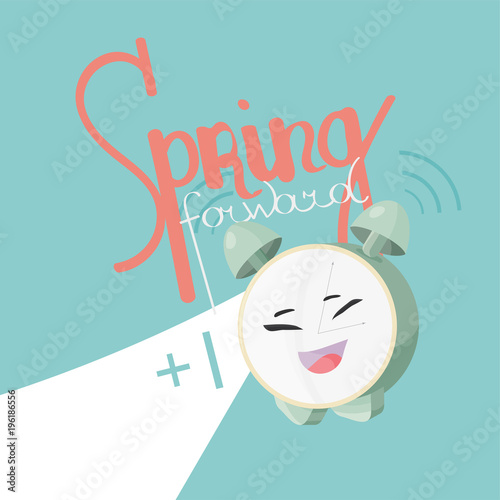 Spring Forward Daylight vector illustration. Alarm clock cute mascot and text: Spring Forward. Daylight Saving icon.