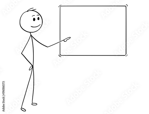 Cartoon stick man drawing conceptual illustration of man or businessman standing and pointing at empty sign or blackboard.