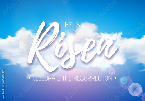 Easter Holiday illustration with heavenly light and cloud on blue sky background. He is risen. Vector Christian religious design for resurrection celebrate theme.