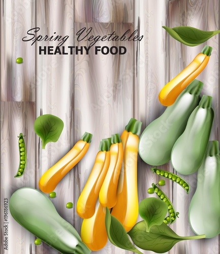 Fresh zucchini Vector realistic. wooden background