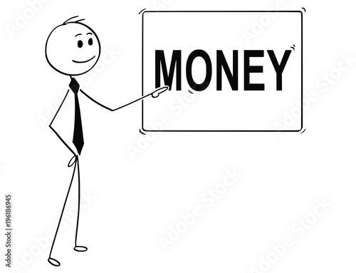 Cartoon stick man drawing conceptual illustration of businessman pointing at sign with money text.