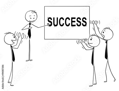 Cartoon stick man drawing conceptual illustration of group of business people applauding to speaker pointing at success sign. Business concept of individuality and teamwork.