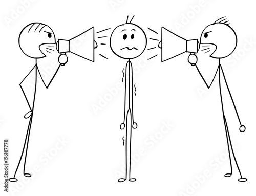 Cartoon stick man drawing conceptual illustration of man or businessman standing stressed and unsure between two men or businessmen shouting their truths using bullhorns or megaphones. Concept of