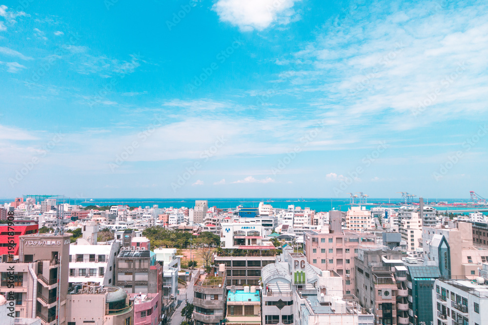 View of downtown cityscape in Okinawa, Japan.